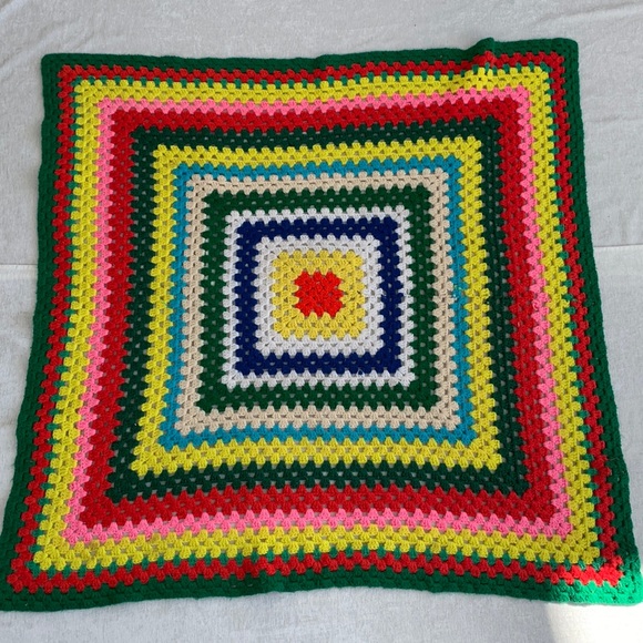 Vintage Other - Vintage Handmade Granny Square Crochet Knit Afghan Blanket Rainbow Multi Color